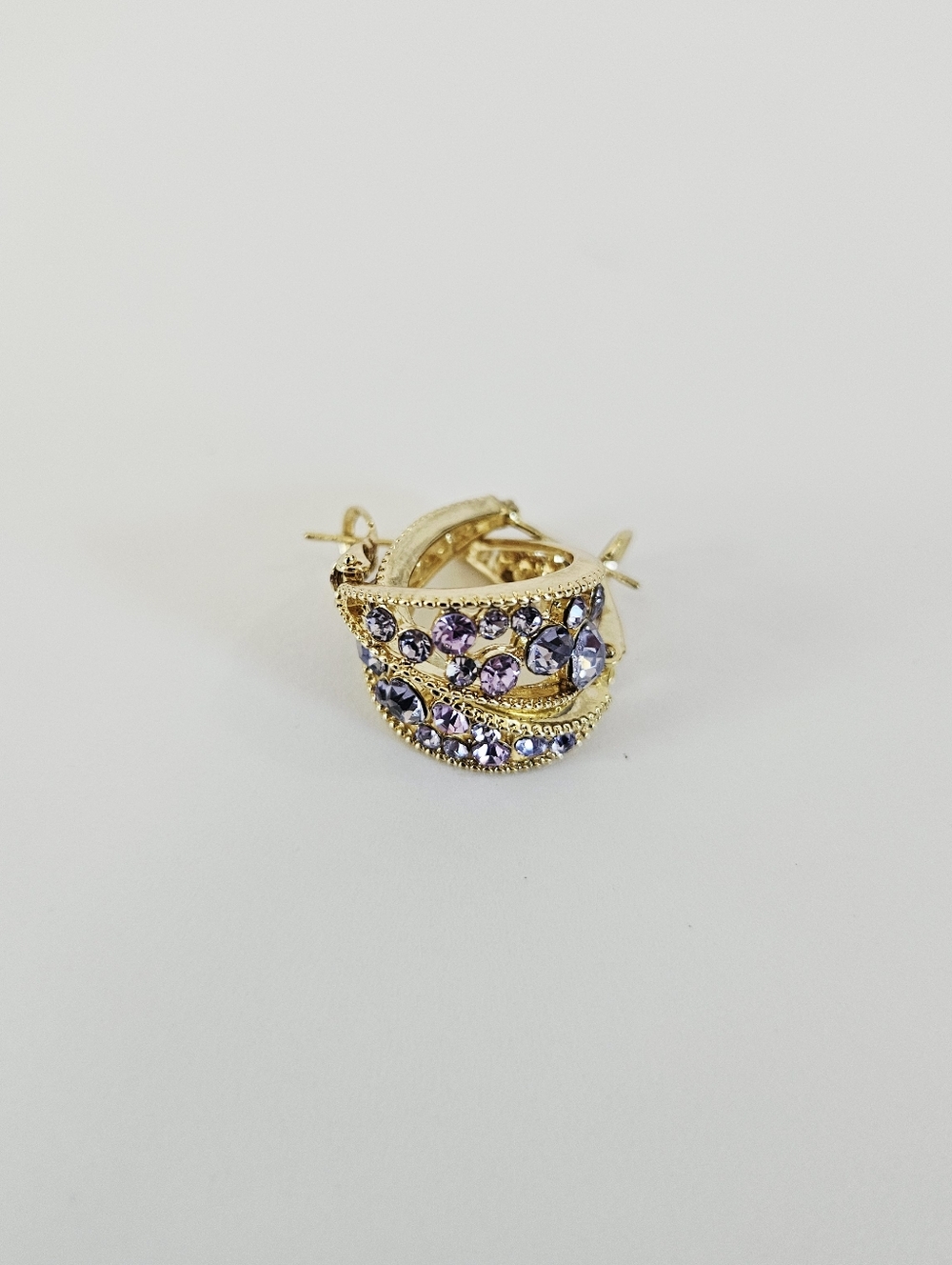Sterling Silver Gold Coated Purple Rhinestone Huggie Hoop Hinge Clasps Earrings - Picture 2 of 7